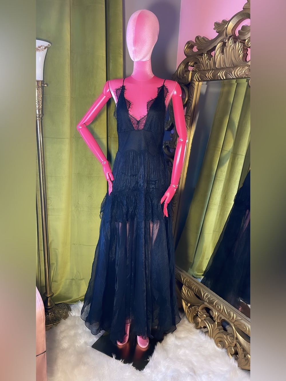 Luxxel Black Satin Slip Dress with Lace Trim